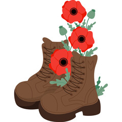 Military  boots with red poppy flowers