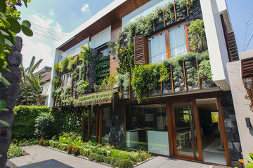 A sustainable home with a living wall and rainwater harvesting system, showcasing a commitment to eco-conscious living.