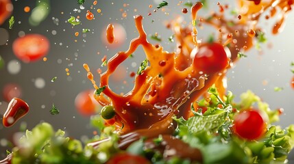 Artistic portrayal of food with sauce suspended in mid-air, frozen in a flying motion