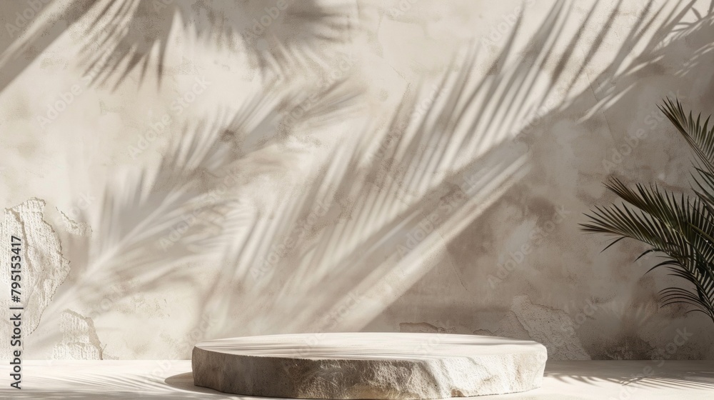 Poster a stone pedestal with a palm tree in front of it