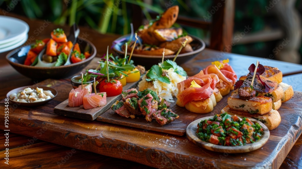 Poster assorted tapas arranged on a rustic platter, inviting guests to indulge in a variety of small bites 
