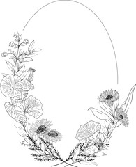 Hand Drawn wreaths with mixed spring flowers, leaves and branches