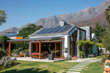 A sustainable home with solar panels on the roof, embracing eco-friendly design principles.