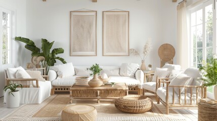 Bohemian coastal living room with rattan furniture, boho textiles, and beachy accents for a relaxed and eclectic vibe - obrazy, fototapety, plakaty