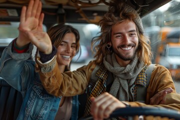 A young couple shares a playful high-five while driving, embodying joy and companionship - Powered by Adobe