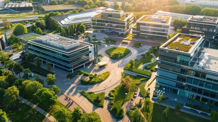Business park with multiple office buildings and green spaces