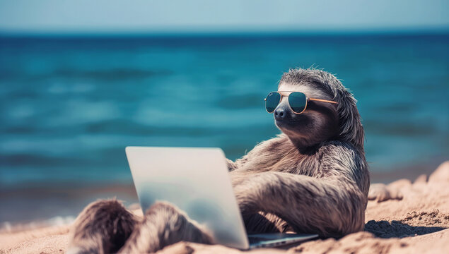 
A sloth is sitting on the beach with a laptop in front of it. The scene is relaxed and carefree, with the sloth enjoying its time in the sun