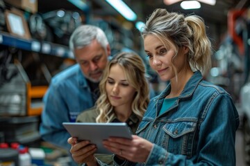 Obraz premium Three people, likely a family, browsing a tablet together in a workshop environment