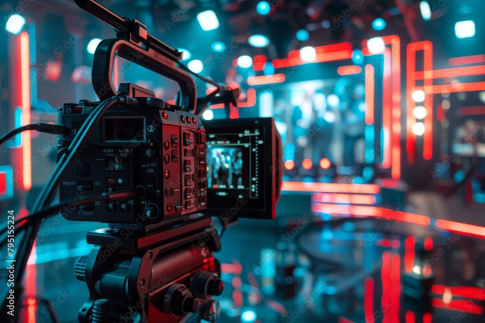 Aufkleber modern video camera recording interview in tv studio with mass media and technology concepts