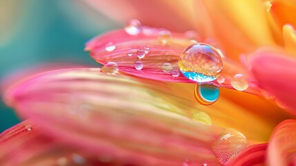 Close-up view of a vibrant water drop clinging to the edge of a petal