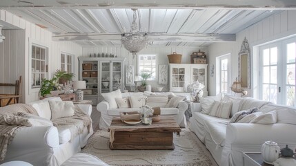 Coastal cottage chic living room with whitewashed wood, shabby chic accents, and comfortable furnishings for a relaxed and charming atmosphere