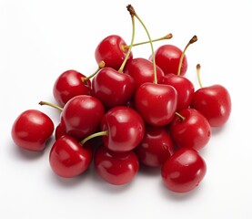 A pile of red cherries with stems on a white background.
