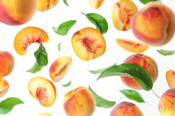 Juicy peaches falling with green leaves isolated on white. Defocused flying slices of peach