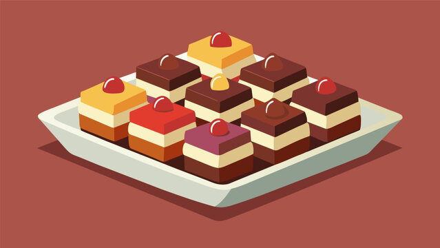 A platter of assorted bitesized cheesecake squares each topped with fruity compote or decadent chocolate ganache..