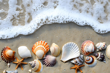 Fototapeta na wymiar A seashell collection on the sand, with waves lapping at the shore, illustrating the variety of life in the ocean