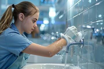 Caucasian female janitor scrubbing and shining the chrome faucet in a contemporary bathroom setting