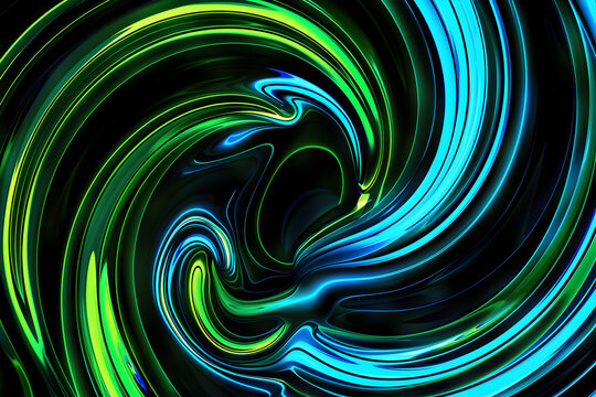 Hypnotic neon swirls in green and blue hues. Mesmerizing design on black background.