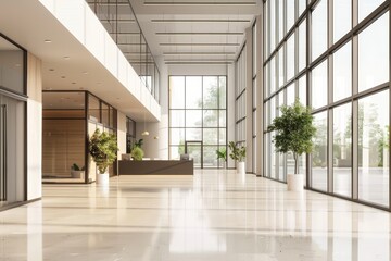 Spacious modern office hall with panoramic windows in natural beige and brown tones