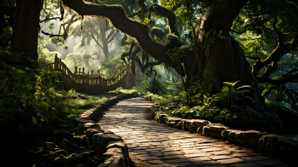 A path in the forest with a tree in the background