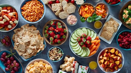 Delicious snacks arranged in a colorful spread, perfect for entertaining guests or hosting gatherings - obrazy, fototapety, plakaty