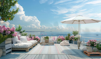 A large terrace with a wooden floor, decorated in white and pink tones, overlooking the city. Umbrella and furniture made from pallets on the right side