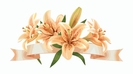 Beautiful lily flowers with funeral ribbon on white 