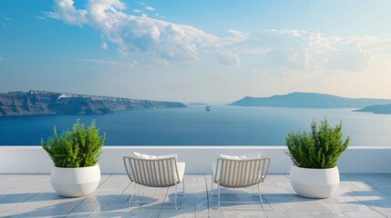 White architecture of Santorini island Greece. Two chairs