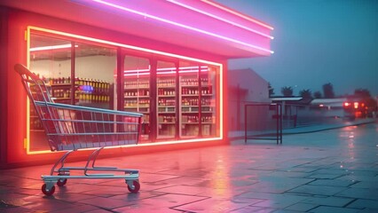 Vibrant online shopping experience with neon lights and techsavvy storefront. Concept Online Shopping Experience, Neon Lights, Tech-savvy Storefront, Vibrant Colors, Smart Technology