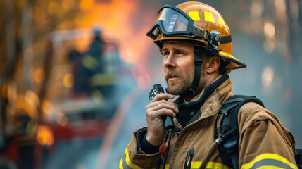 Fototapeta premium A dedicated firefighter communicates via radio against a backdrop of fire and smoke, displaying urgency and professionalism.