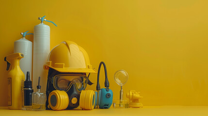 A meticulously arranged collection of protective safety equipment in yellow, essential for hazardous work environments.