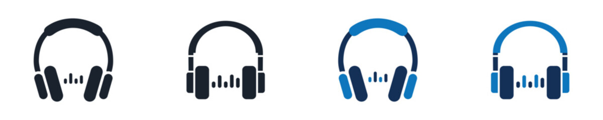 Earphone black icon set. Modern headset music simple illustration. Symbol Sound and Music Stereo headphone graphic sign in vector design style