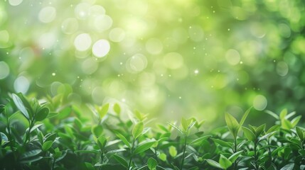 Morning dew on verdant leaves with a backdrop of gentle sunlight bokeh, symbolizing new beginnings and growth.