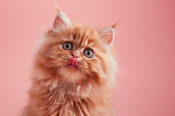 Fluffy Ginger Cat Licking Lips on Pink Background	
