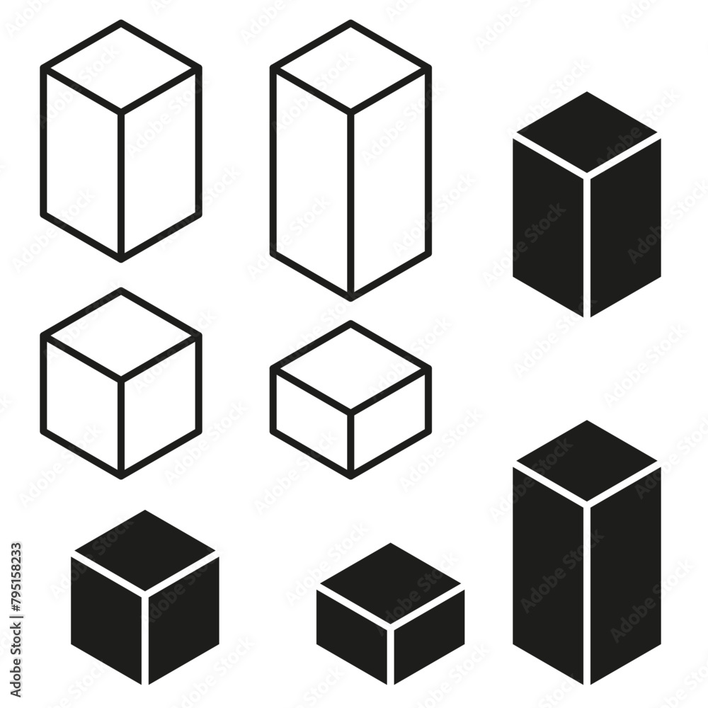 Poster variety of 3d cubes in isometric view. monochrome geometry for design concepts. spatial structure el