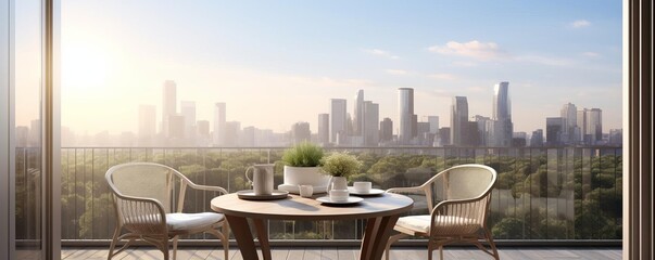 Modern balcony with sleek furniture and a coffee setup, highlighting a clear view of a city park with the bustling city gently blurred behind