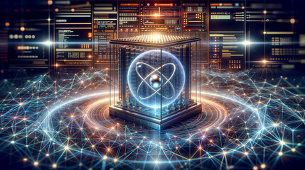 Quantum computer concept, highlighting glowing atomic symbol encased in glassy server amidst vibrant network of connections and data nodes.
