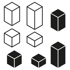 Variety of 3D cubes in isometric view. Monochrome geometry for design concepts. Spatial structure elements. Vector illustration. EPS 10.