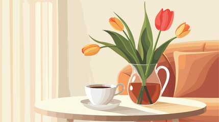 Beautiful vase with tulips on table and cup of tea 