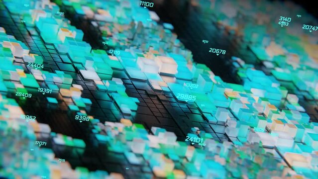 3d render abstract background with graph made of box particles. Finance graph with details. Complex repeatable graphs. Animation of up and down graph changing.