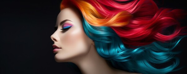 Glamorous hair model displaying brilliant hair color in a studio shot, designed for a beauty product ad, emphasizing the shine and saturation of the color