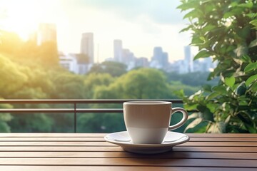Inviting balcony setup featuring a coffee cup, with a blurred cityscape and green park view, perfect for a relaxed urban morning