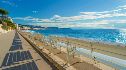 White benches on the Promenade des Anglais in Nice 