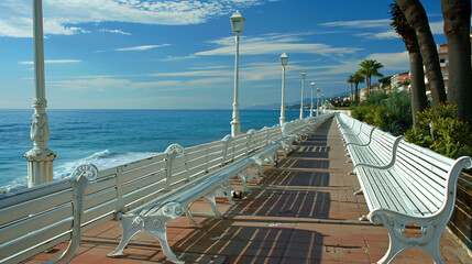 White benches on the Promenade des Anglais in Nice  - obrazy, fototapety, plakaty