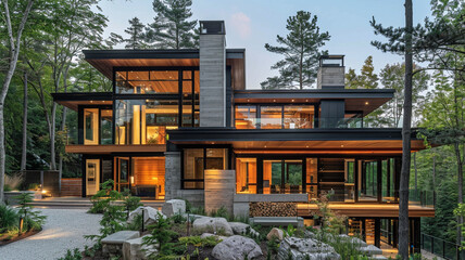 An architecturally impressive modern residence with a mix of concrete, wood, and glass elements, nestled among towering pine trees.