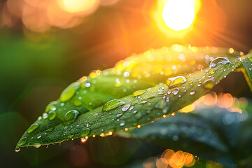 Macro shot of dew on a leaf, with the sun rising in the background, highlighting nature's delicate beauty