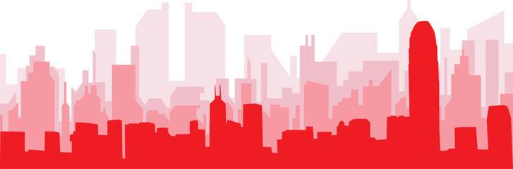 Red panoramic city skyline poster with reddish misty transparent background buildings of HONG KONG, CHINA