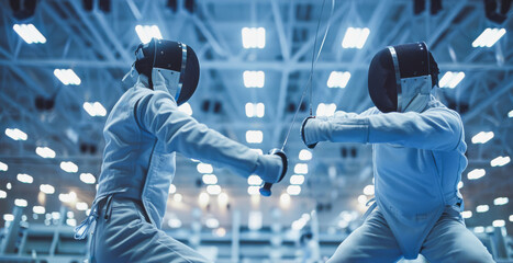 Two professional fencers foil fighting during olympic competition - Fence duel - Models by AI generative