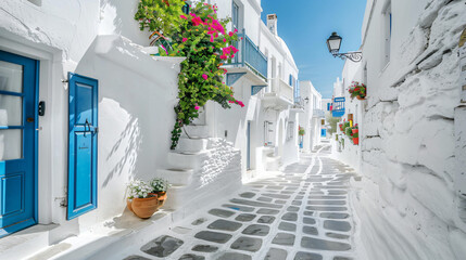 White cyclidic architecture on the street in Mykonos 