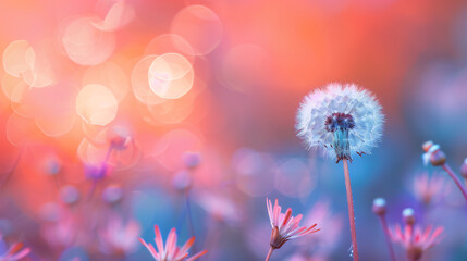 White dandelion in a forest against the pink sky at sun