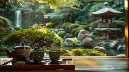 A serene tea ceremony unfolding in a traditional Japanese garden, where delicate teacups are filled with fragrant green tea and served with sweet treats.